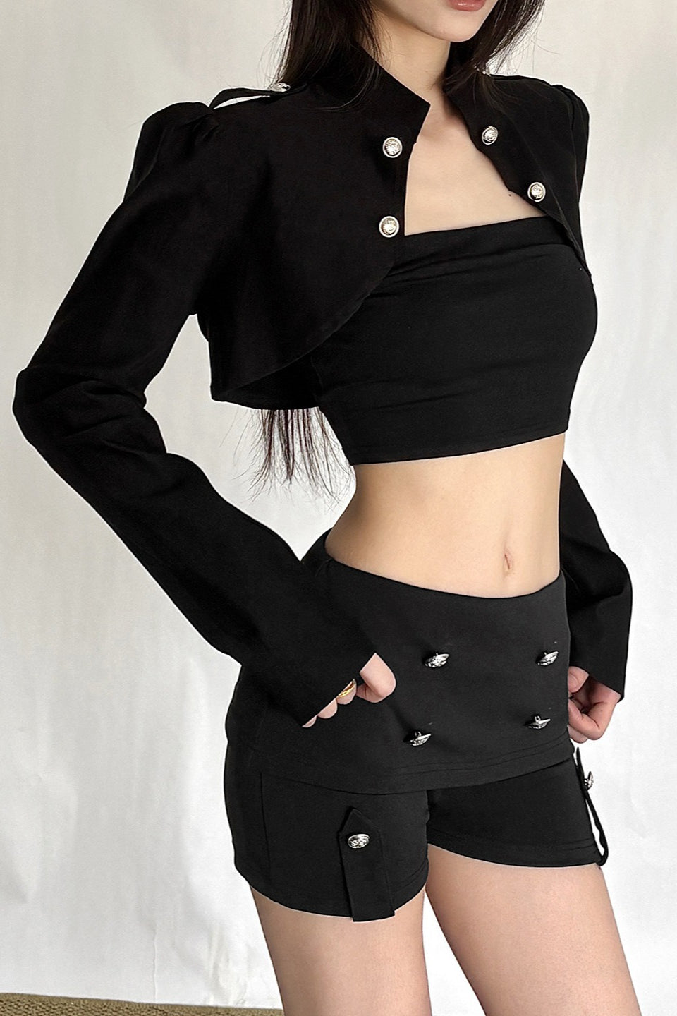 Metal Button Cropped Shorts Sets