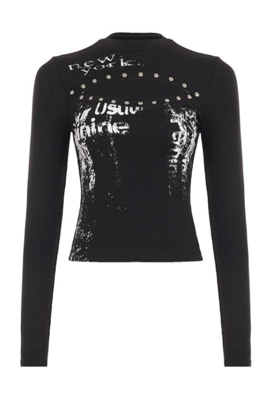 Studded Cutout Graphic Print Crop Tops