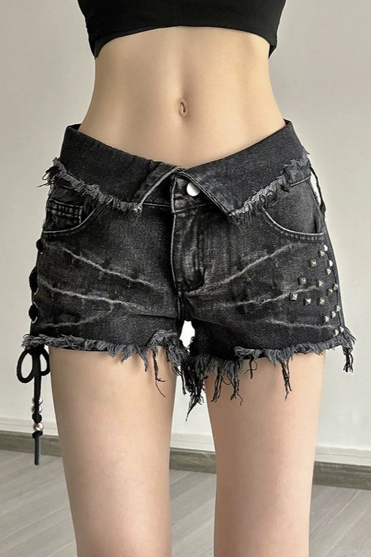 Edgy Black Denim Tie Waist Rivet Shorts Main image