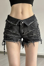 Edgy Black Denim Tie Waist Rivet Shorts