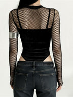 Dark Cyber Gothic Velvet Long Sleeve Mesh Top