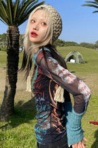 Futuristic Long Sleeve Crew Neck Print Mesh Top