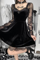 Lace Patchwork Long Sleeve Ruffled Mini Dress