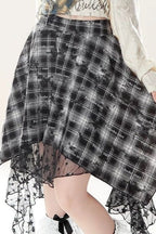 Black Plaid Lace Asymmetrical Mini Skirt