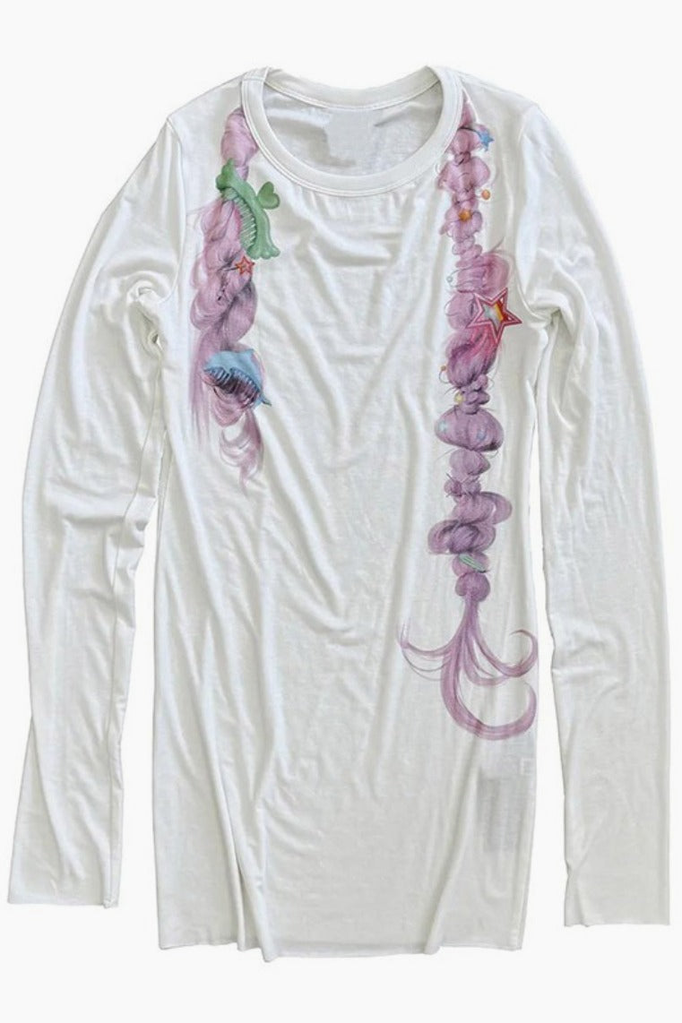 Vintage Dreamy Braided Hair Print Long Sleeve T-shirt