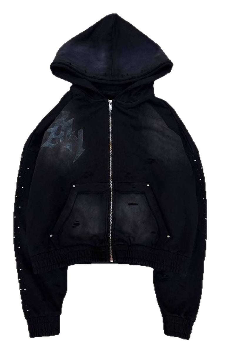 Distressed Studded Sleeve Zip Hoodies