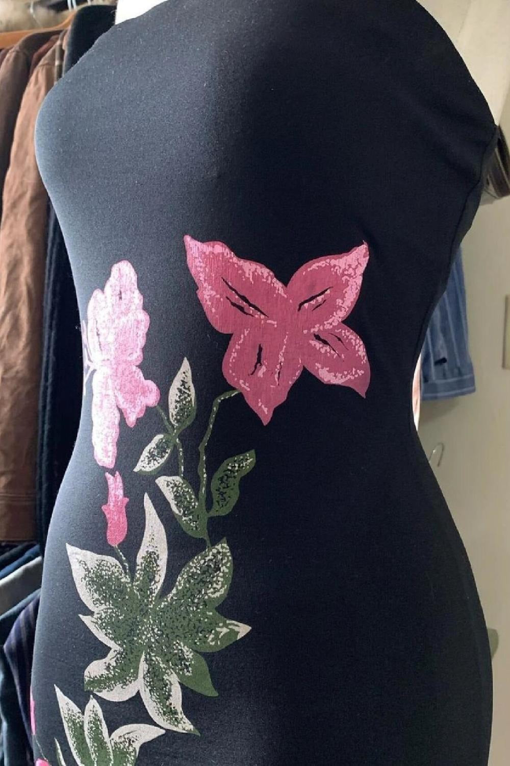 Black Floral Embroidered Asymmetric Tube Dress