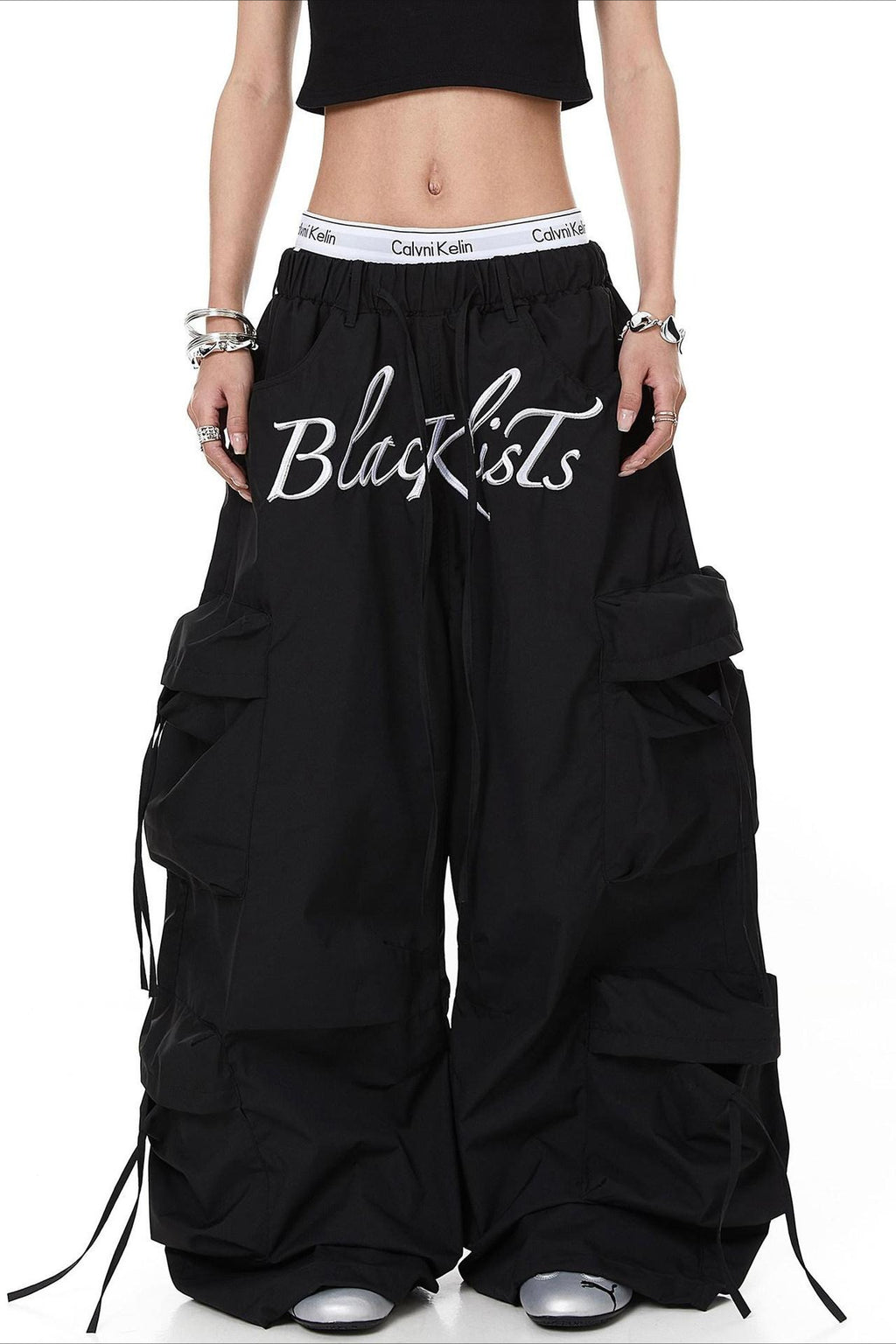 Embroidered Drawstring Cargo Pants