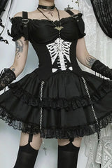Black Ruffled Tiered Puff Sleeve Gothic Lolita Mini Dress