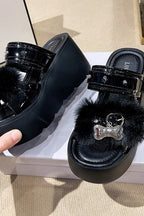 Faux-Fur Heart-Chain Platform Slides