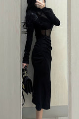 Black Mesh Sheer Slim Bodycon Midi Dress