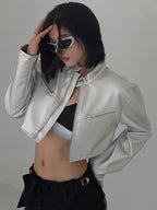 Casual Silver Stand Collar Zip Up Crop Coat