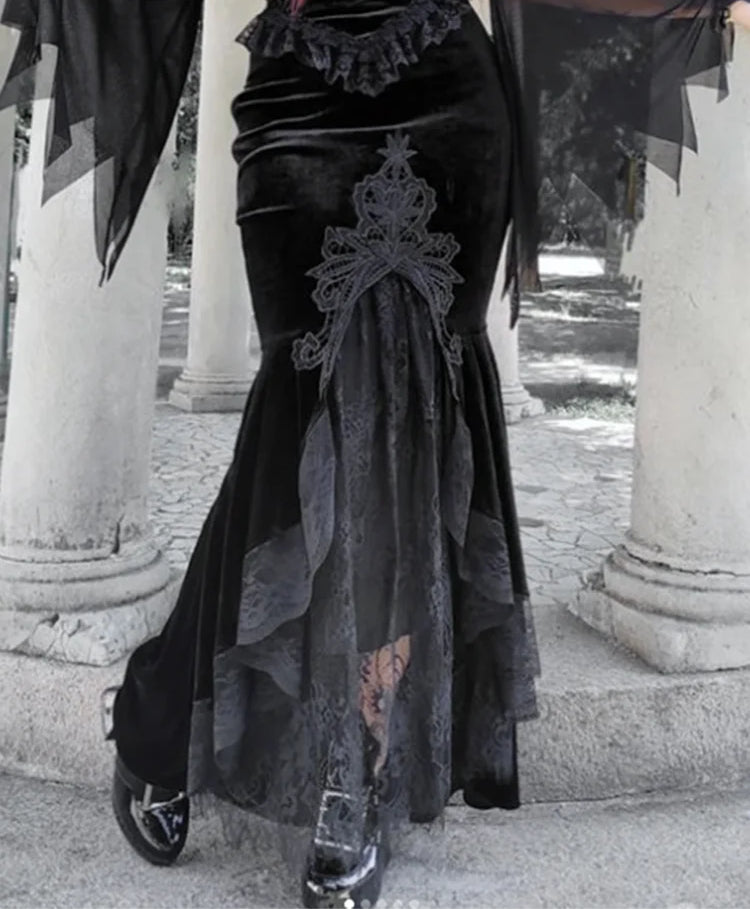 Velvet Lace Patchwork Trumpet Skirt