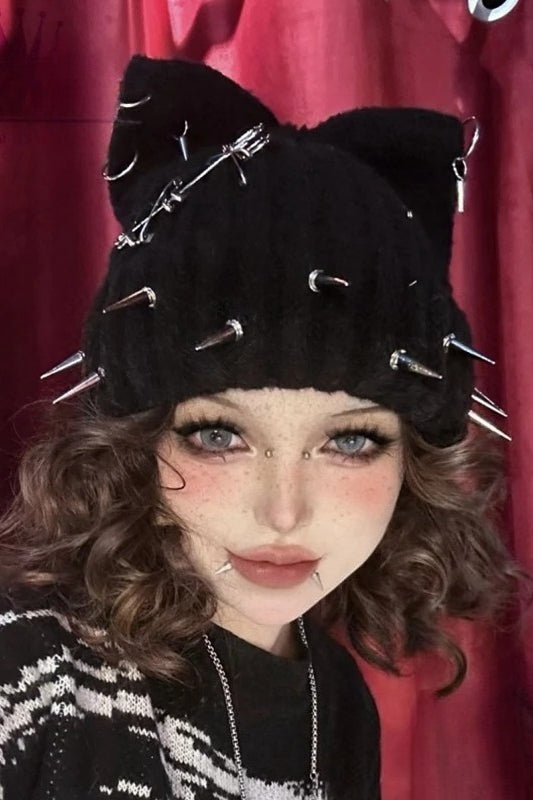 Gothic Grunge Cat Ear Metal Rivet Black Knitted Hat Main image