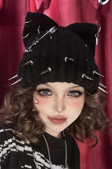 Gothic Grunge Cat Ear Metal Rivet Black Knitted Hat