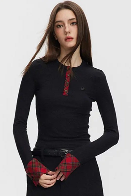 Vintage Patchwork Slim Fit Crop Long Sleeve Knit Top Secondary image