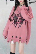 Gothic Y2K Subculture Rivet Print Ripped Loose Knit Sweater