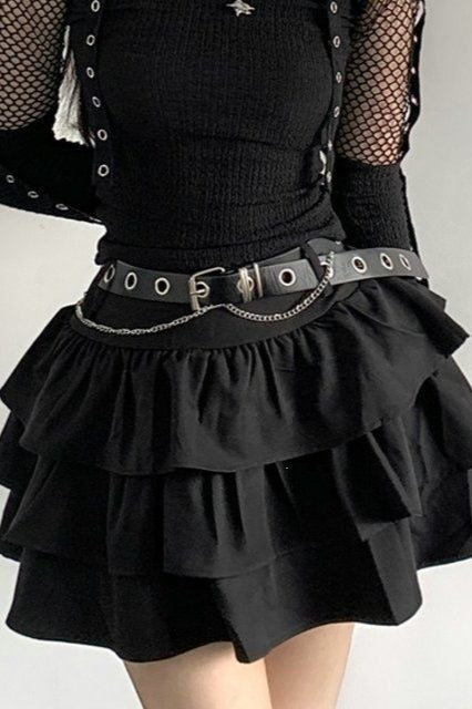 Mesh Cutout Top And Tiered Skirt Set
