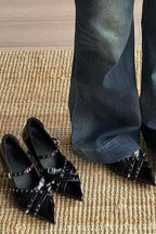 Studded Strap Pointed Wedge Shoes