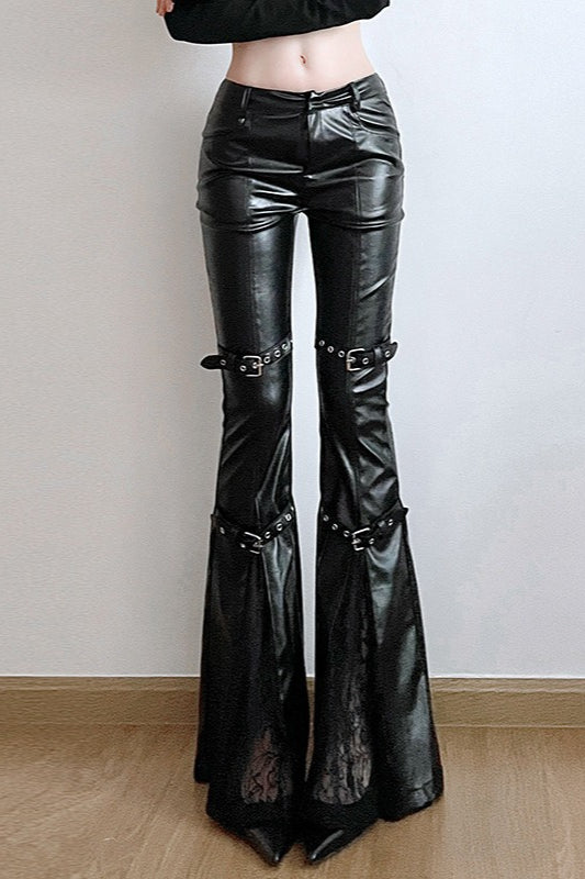 Cutout Buckle Faux Leather Wide Leg Pants
