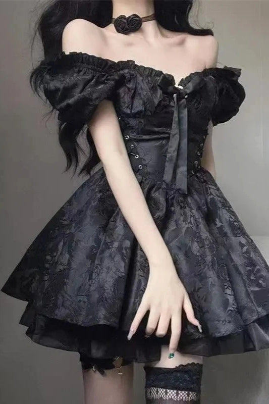 Gothic Jacquard Puff Sleeve A-line Bow Mini Dress Main image