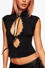 Street Metal Decor Cutout Tie Stand Collar Tank Top