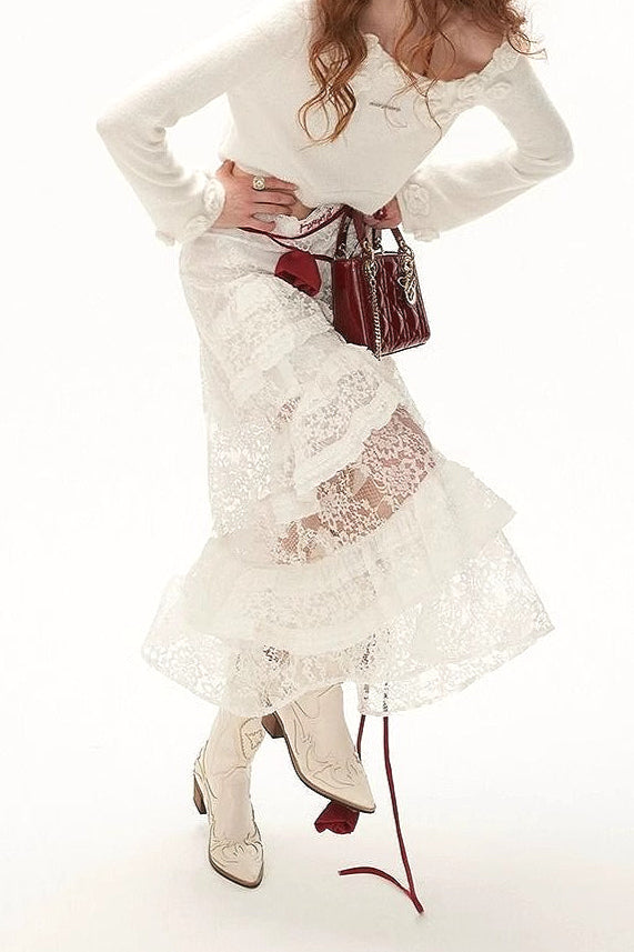 Y2K Retro Lace Tiered Ruffle Mini Skirt