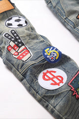 Blue Punk Stitched Badge Flare Denim Pants