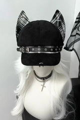 Y2K Gothic Punk Devil Ear Leather Buckle Cross Black Beret Hat