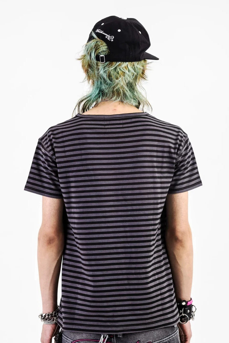 Striped Gothic Cross Printed Vintage Wash T-shirt