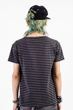 Striped Gothic Cross Printed Vintage Wash T-shirt