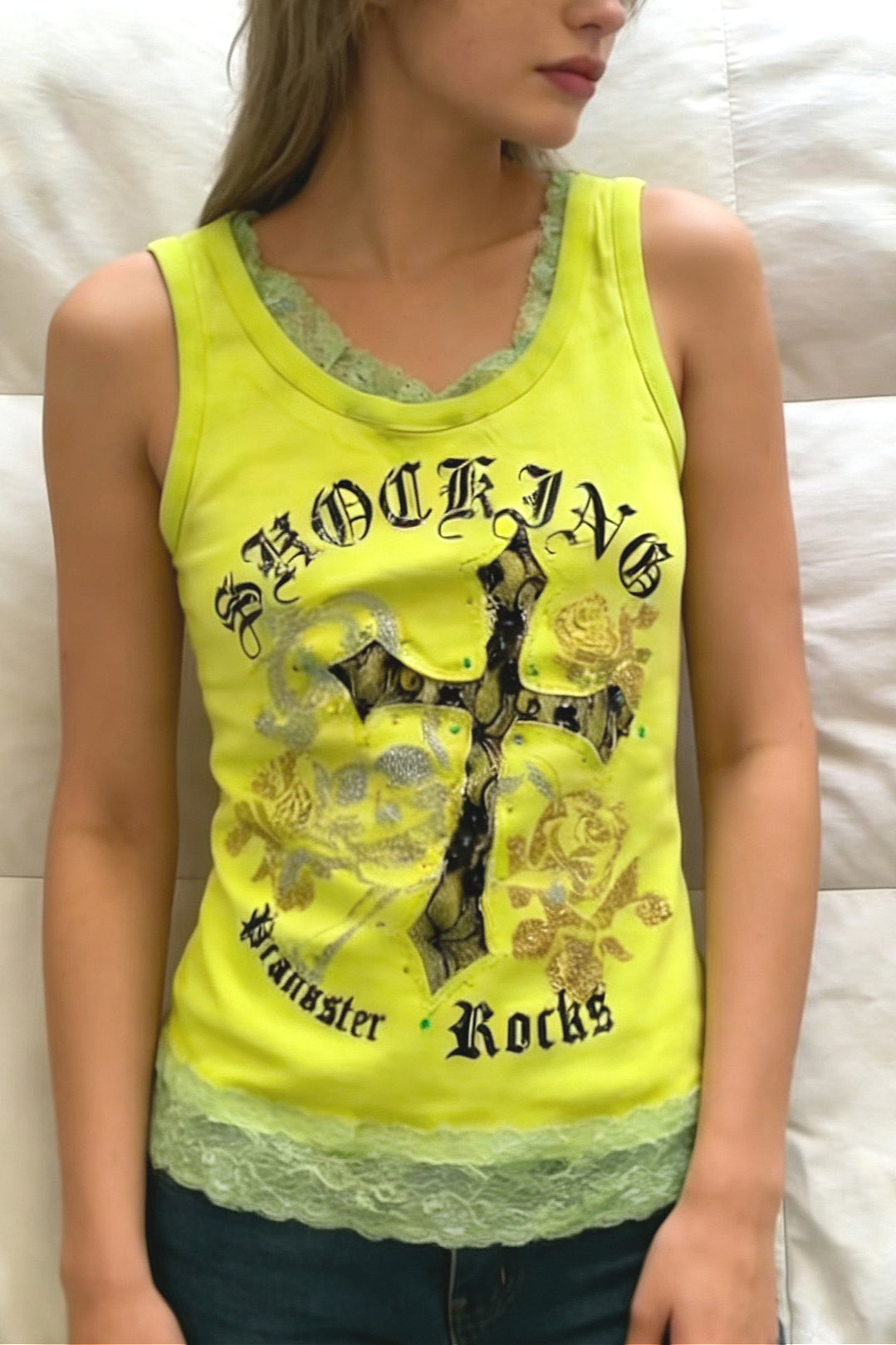 Y2K Slim Fit Green Lace Tank Top