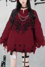 Gothic Y2K Subculture Rivet Print Ripped Loose Knit Sweater