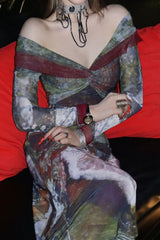 Gothic Print Long Sleeve Midi Dress