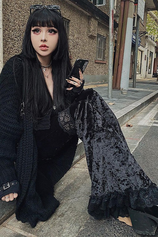 Lace Panel Velvet Flare Pants Secondary image