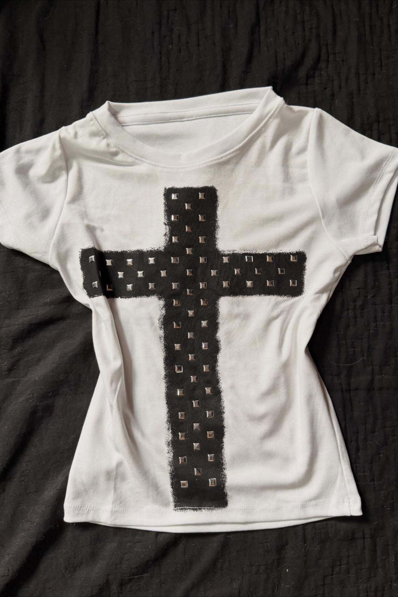 Retro Cross Rhinestone Letter Printed T-shirt