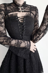 Black Ruffled Bell Sleeve Mesh Top