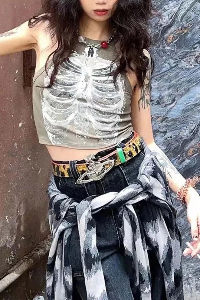 Retro Skeleton Print Sleeveless Army Green Crop Top Main image