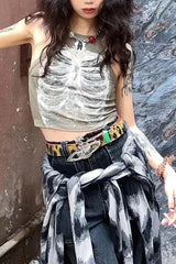 Retro Skeleton Print Sleeveless Army Green Crop Top