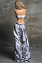 High Waist Cyber Print Wide Leg Fold Drop Pants