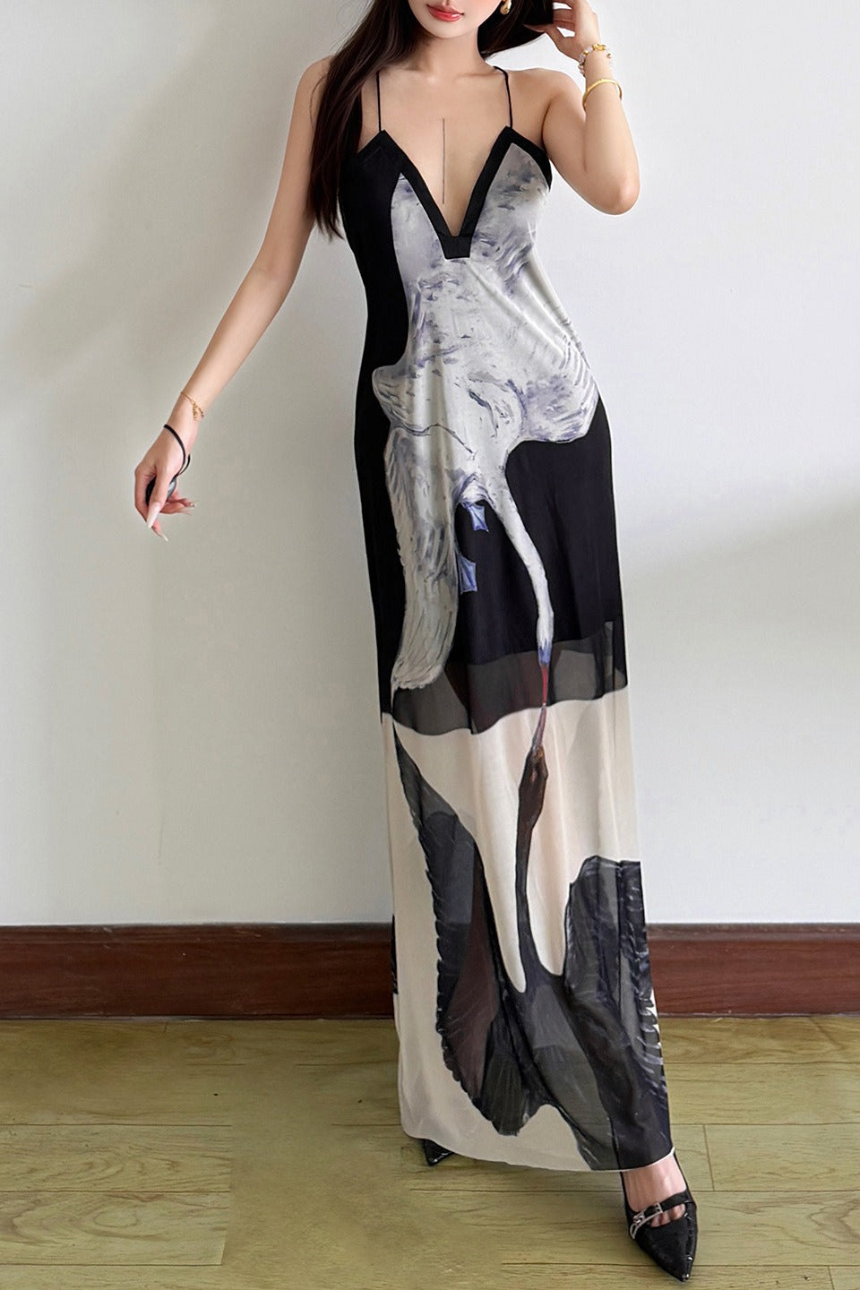 Swan Print Cross Strap Maxi Dress
