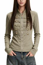 Metal Button Braided Zip Cardigans