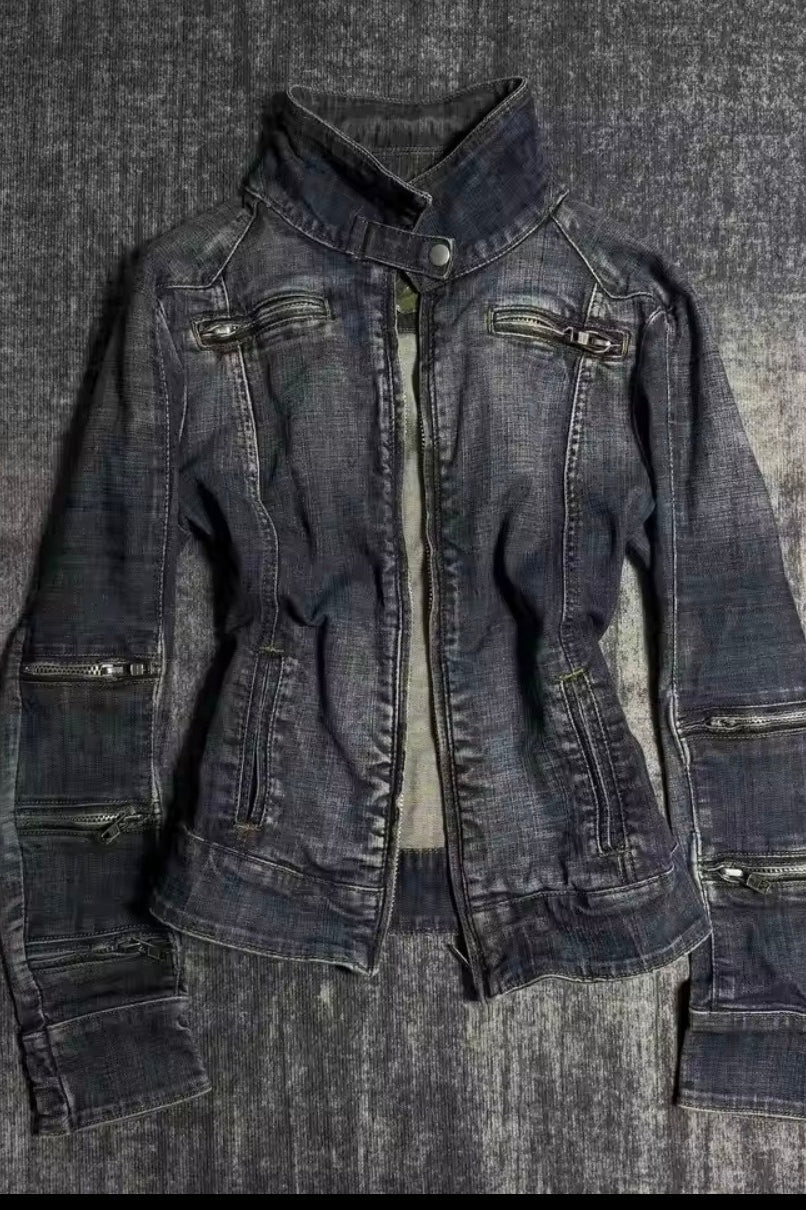 Washed Zip Detail Fitted Denim Jacket