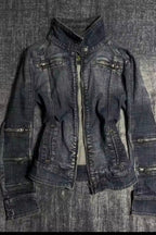 Washed Zip Detail Fitted Denim Jacket