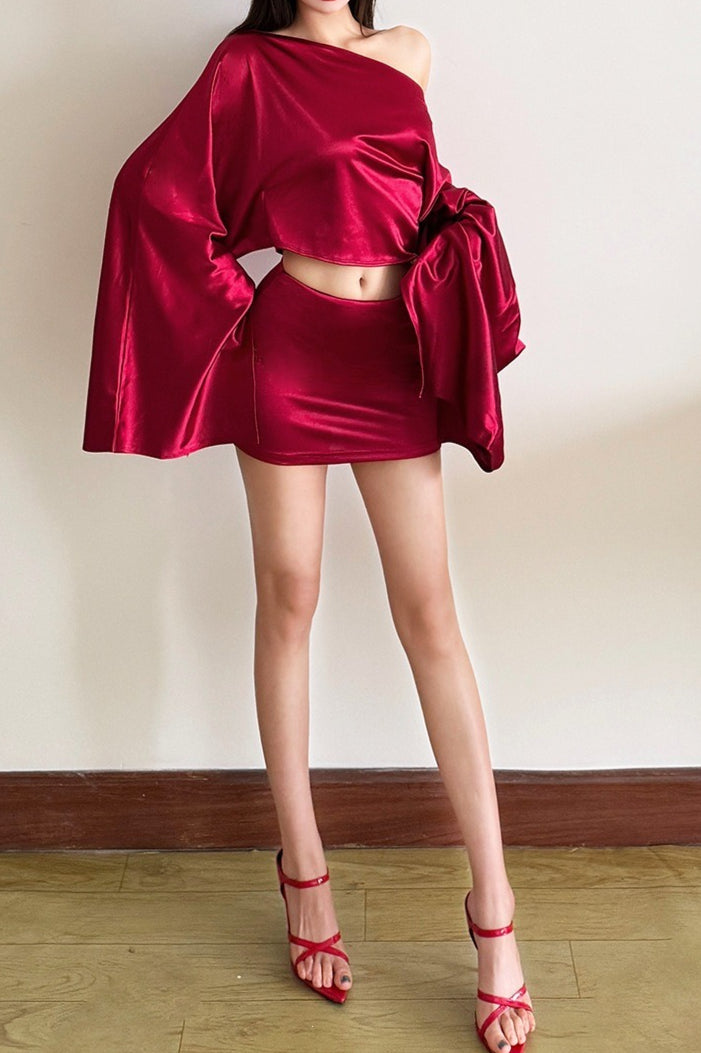 Glossy Asymmetric Bell Sleeve Skirt Sets
