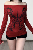 E-girl Dark Print Lace Trim Off Shoulder Slim T-shirt