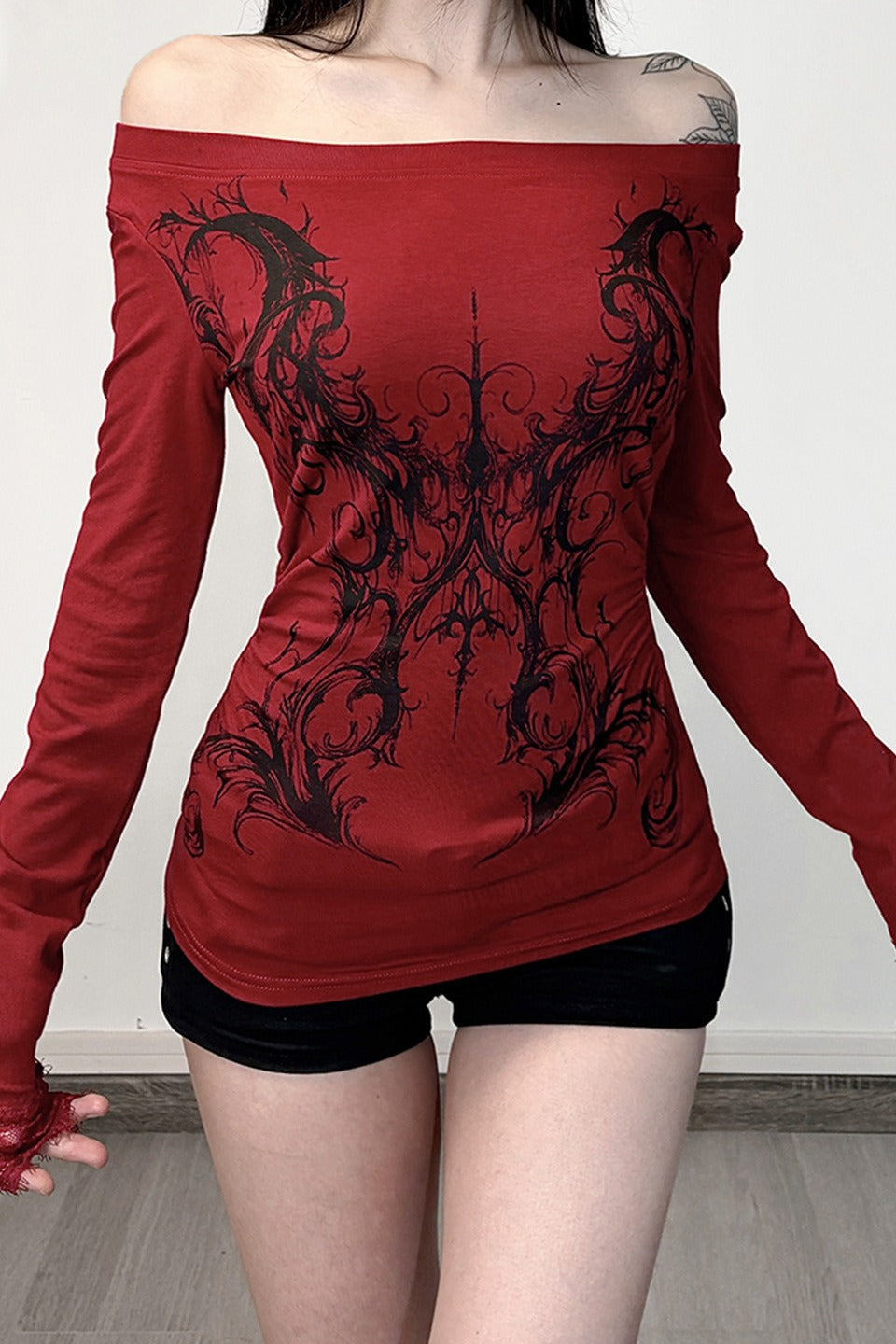 E-girl Dark Print Lace Trim Off Shoulder Slim T-shirt