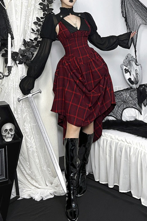 Red Plaid Sheer Sleeve Skirt Sets