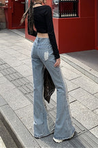 Distressed Ripped Layered Flare Denim Pants
