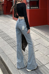 Distressed Ripped Layered Flare Denim Pants